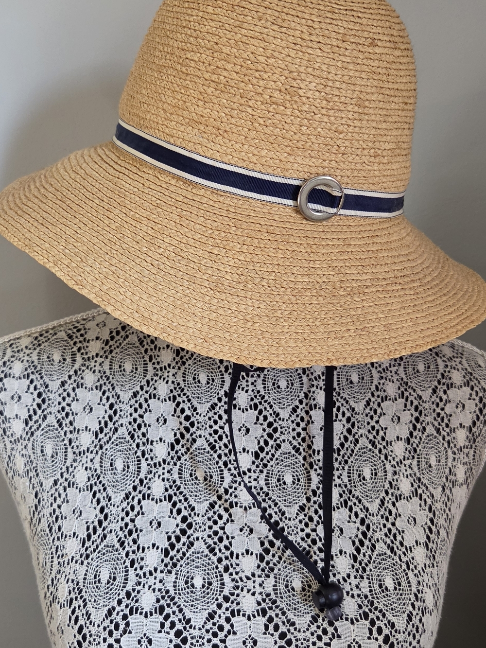 Straw Sun Hat with Navy Trim - Picture 4 of 4